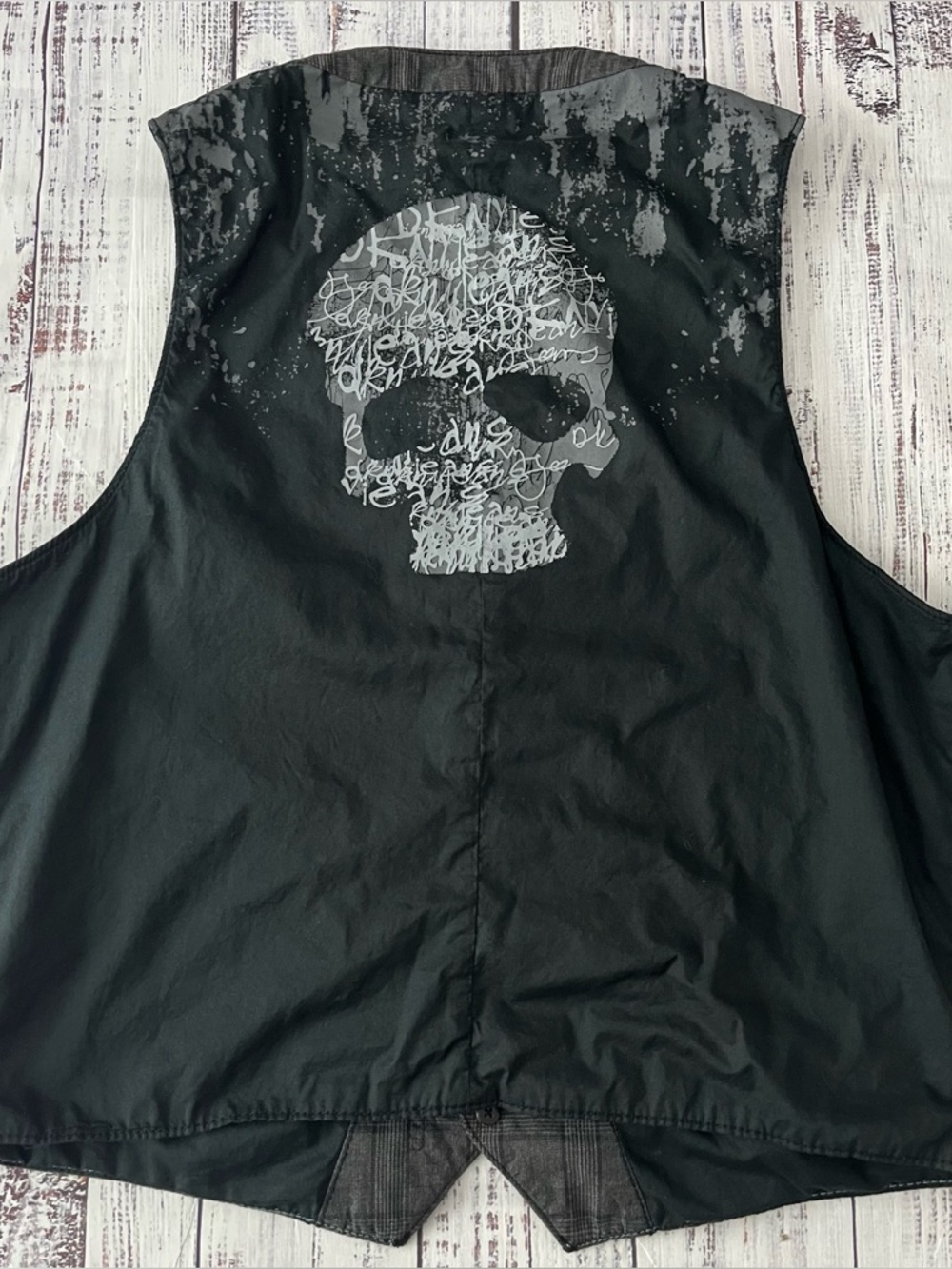 DKNY Jeans Cotton Plaid Button Up Skull Vest Unisex Biker Streetwear Size Lg